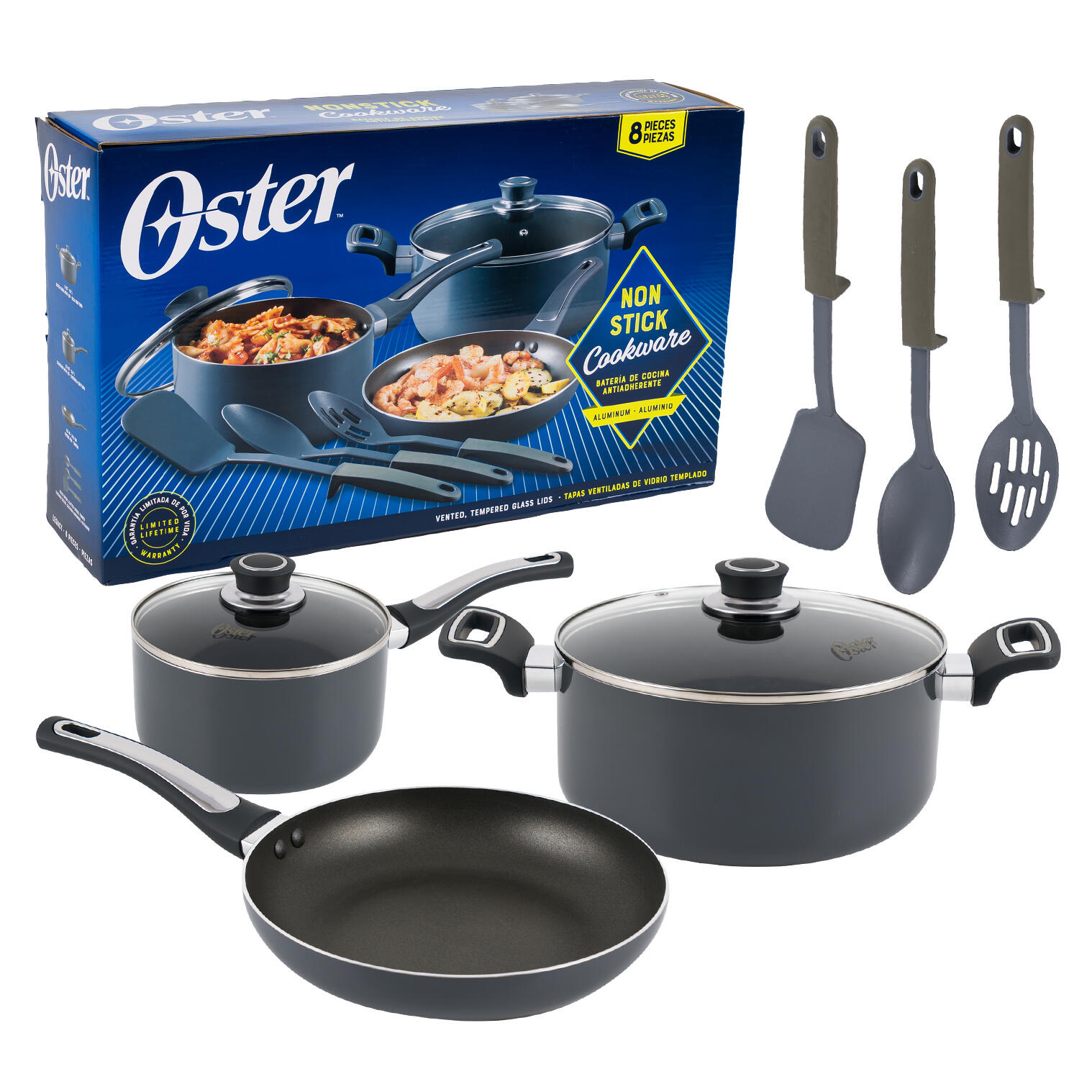 Oster Nonstick Cookware Set, Aluminum, 8 Pieces, Vented Tempered Glass Lids 1